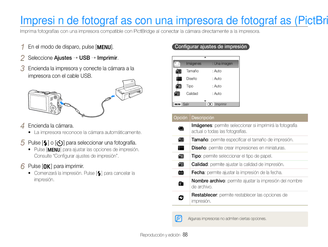 Samsung EC-WB660ZBDBE1 Pulse F o t para seleccionar una fotografía, Pulse o para imprimir, Conﬁgurar ajustes de impresión 