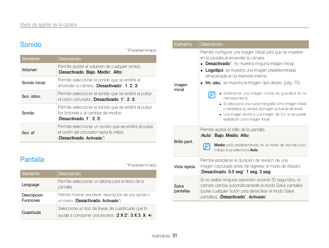 Samsung EC-WB650ZBPBE1, EC-WB660ZBDBE1, EC-WB650ZDPBAS Sonido, Pantalla, Menú de ajustes de la cámara, Elemento Descripción 