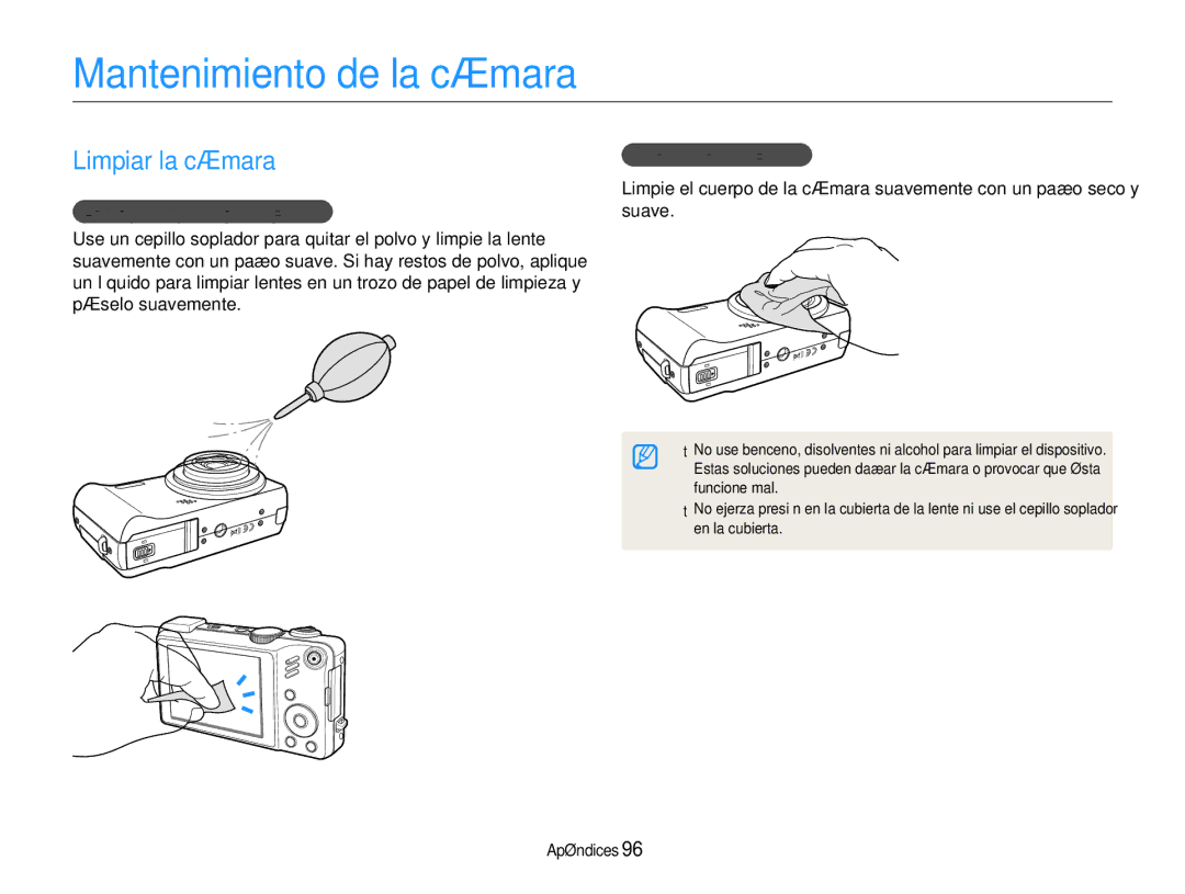 Samsung EC-WB660ZBDBE1 Mantenimiento de la cámara, Limpiar la cámara, Lente y pantalla de la cámara, Cuerpo de la cámara 