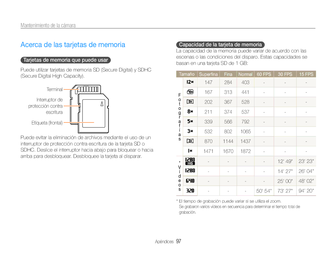 Samsung EC-WB650ZDPBAS Acerca de las tarjetas de memoria, Mantenimiento de la cámara, Tarjetas de memoria que puede usar 