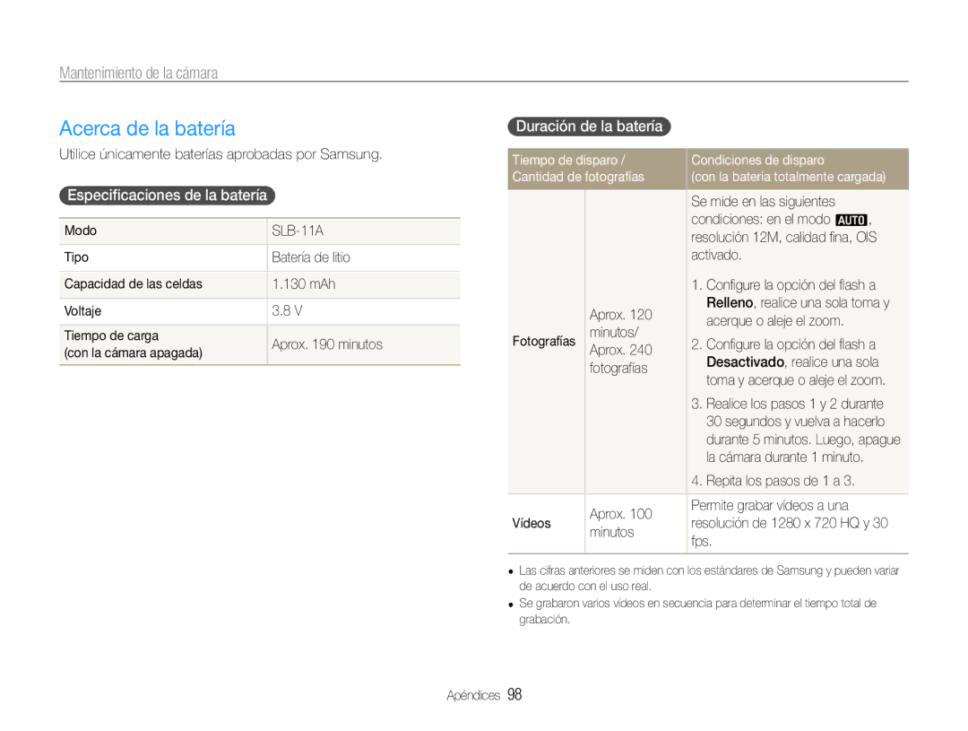 Samsung EC-WB650ZBPAE1, EC-WB650ZBPBE1 manual Acerca de la batería, Especiﬁcaciones de la batería, Duración de la batería 