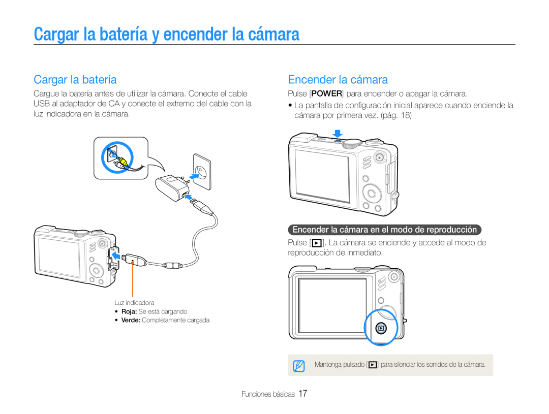 Samsung EC-WB650ZDPBAS, EC-WB650ZBPBE1, EC-WB660ZBDBE1 manual Cargar la batería y encender la cámara, Encender la cámara 