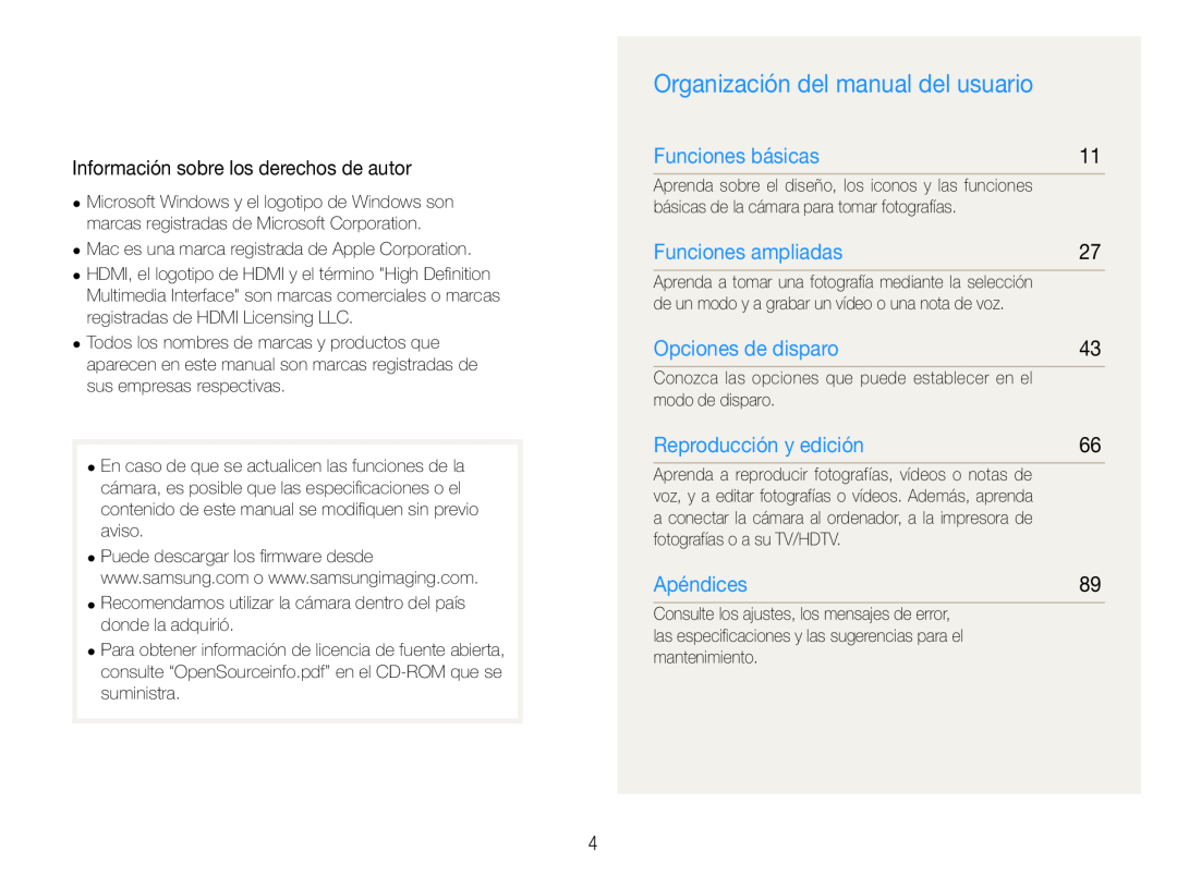 Samsung EC-WB660ZBDBE1 Organización del manual del usuario, Información sobre los derechos de autor, Funciones básicas 
