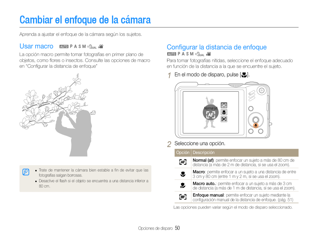 Samsung EC-WB650ZBPAE1 Cambiar el enfoque de la cámara, Conﬁgurar la distancia de enfoque, En el modo de disparo, pulse M 