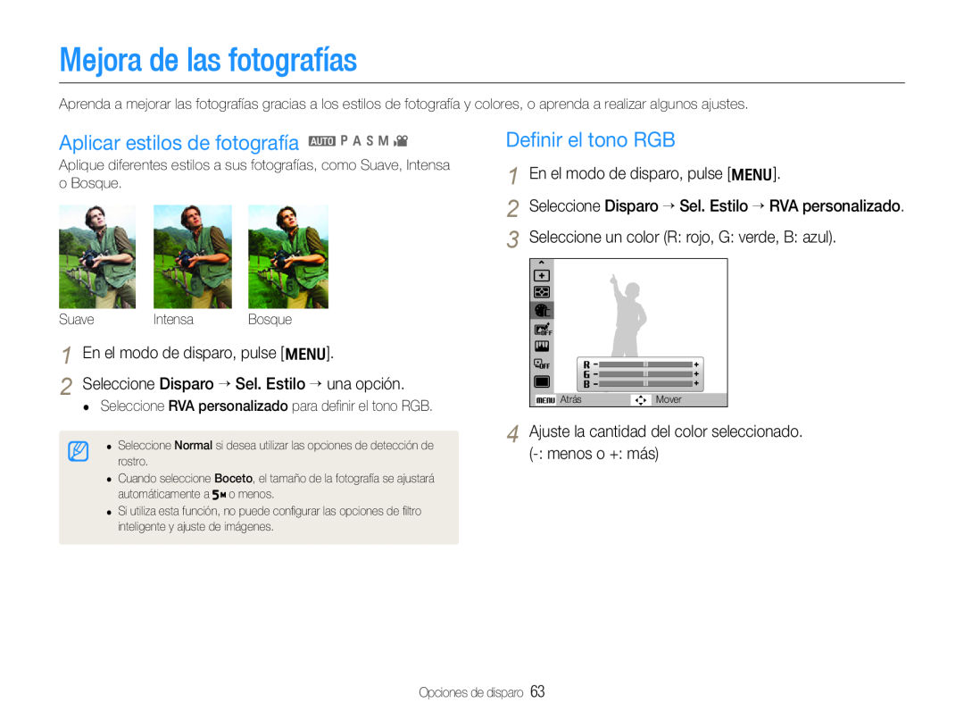 Samsung EC-WB650ZBPBE1 manual Mejora de las fotografías, Aplicar estilos de fotografía a p A h n, Deﬁnir el tono RGB 