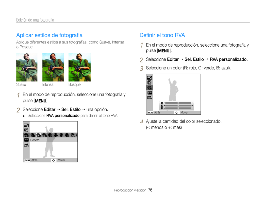 Samsung EC-WB660ZBDBE1, EC-WB650ZBPBE1 manual Aplicar estilos de fotografía, Deﬁnir el tono RVA, Edición de una fotografía 