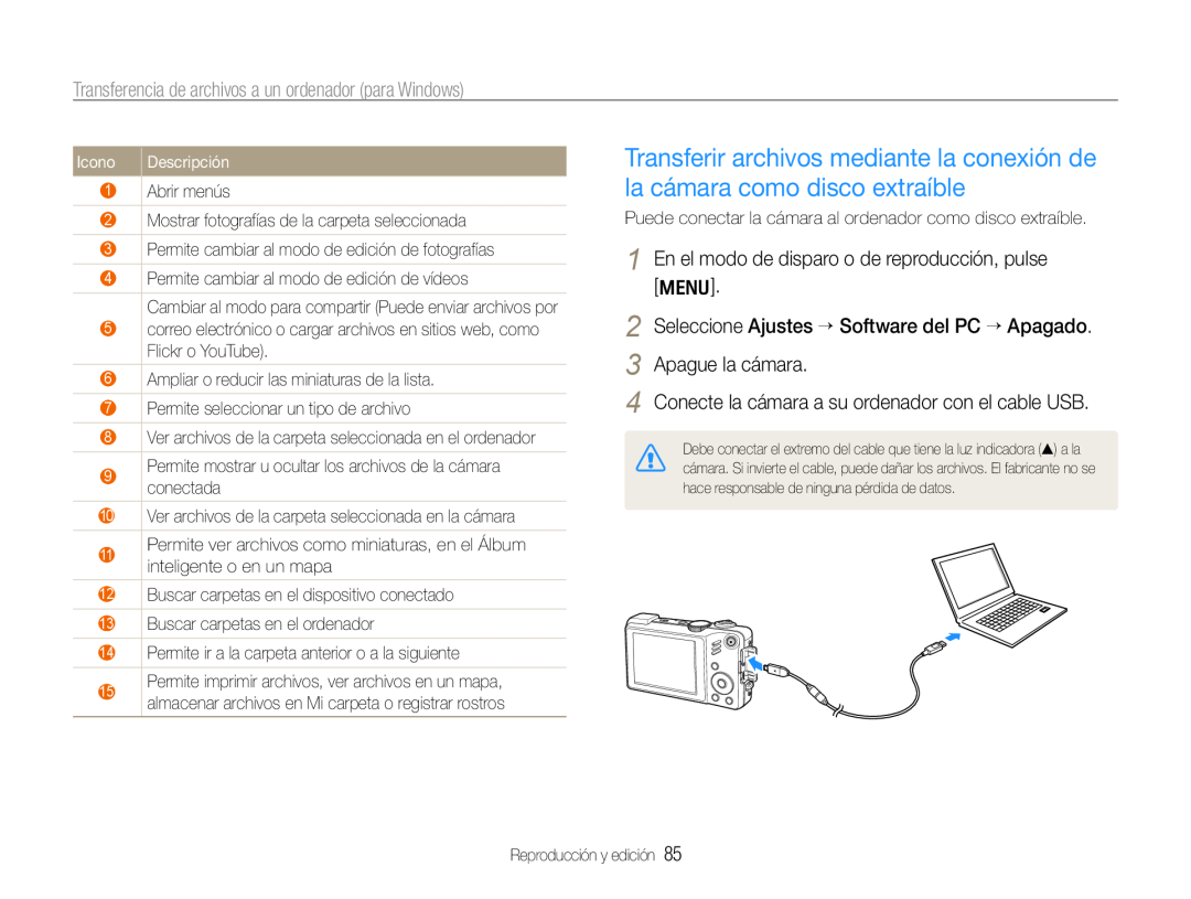Samsung EC-WB650ZDPBAS manual Seleccione Ajustes ¢ Software del PC ¢ Apagado. 3 Apague la cámara, Icono, Descripción 