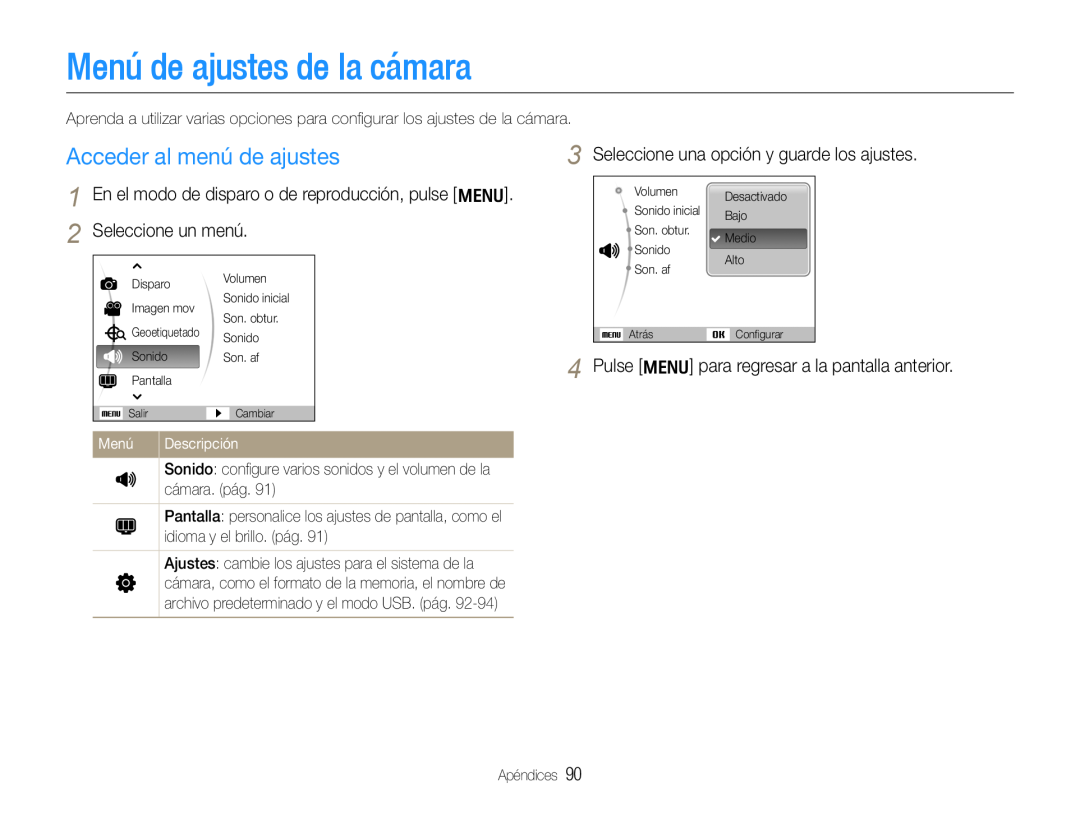 Samsung EC-WB650ZBPAE1 manual Menú de ajustes de la cámara, Acceder al menú de ajustes, Seleccione un menú, Descripción 