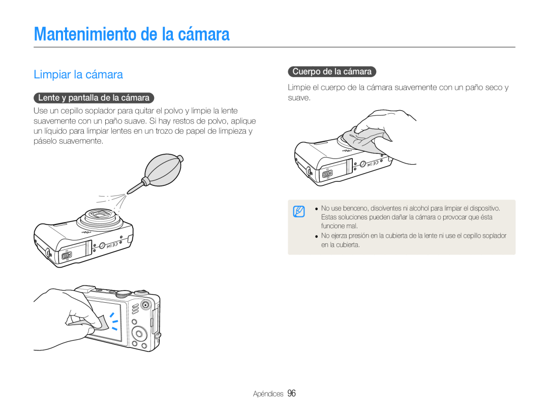 Samsung EC-WB660ZBDBE1 Mantenimiento de la cámara, Limpiar la cámara, Lente y pantalla de la cámara, Cuerpo de la cámara 