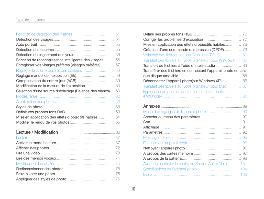 Samsung EC-WB660ZBDBE1, EC-WB650ZBPBE1 manual Table des matières, Fonction de détection des visages 