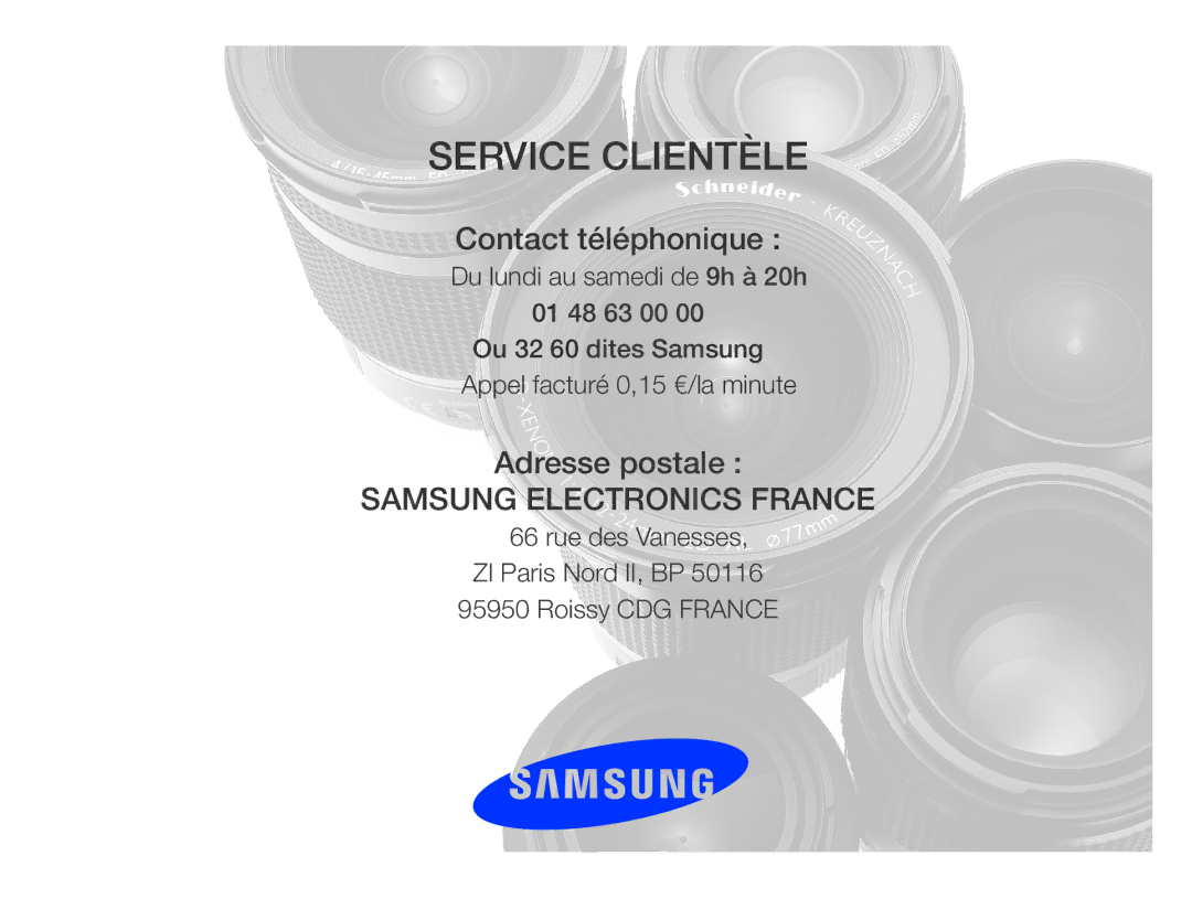 Samsung EC-WB660ZBDBE1, EC-WB650ZBPBE1 manual Service Clientèle 