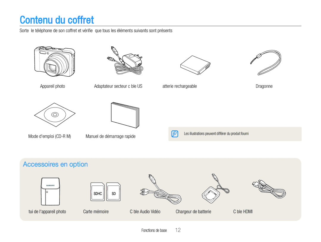 Samsung EC-WB660ZBDBE1, EC-WB650ZBPBE1 Contenu du coffret, Accessoires en option, Mode demploi CD-ROM, Fonctions de base 