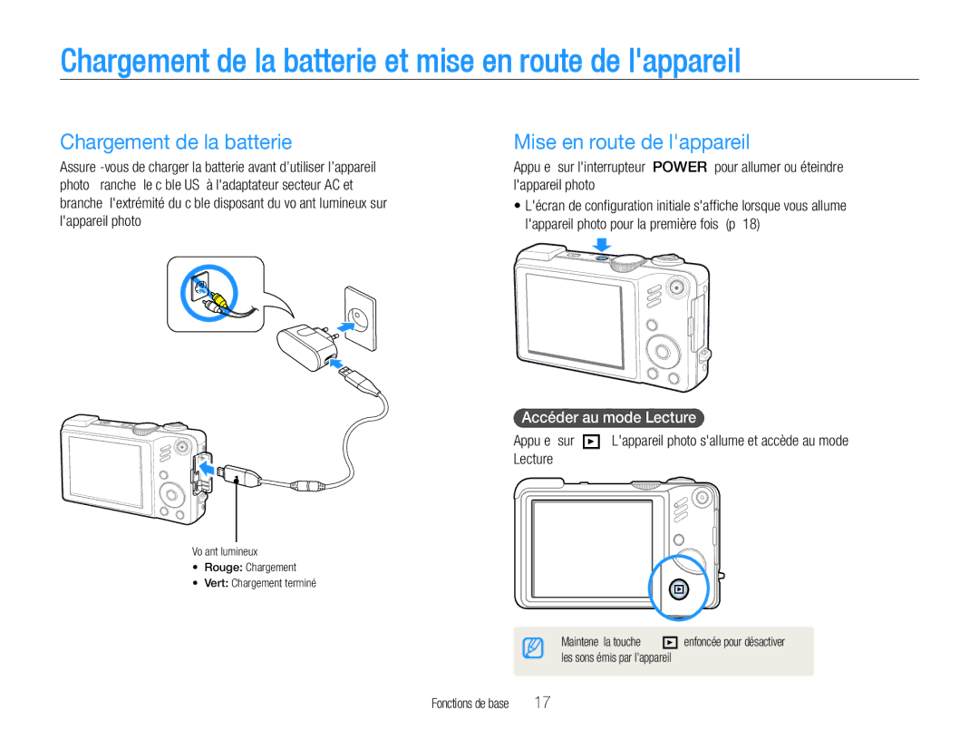 Samsung EC-WB650ZBPBE1, EC-WB660ZBDBE1 Chargement de la batterie et mise en route de lappareil, Mise en route de lappareil 