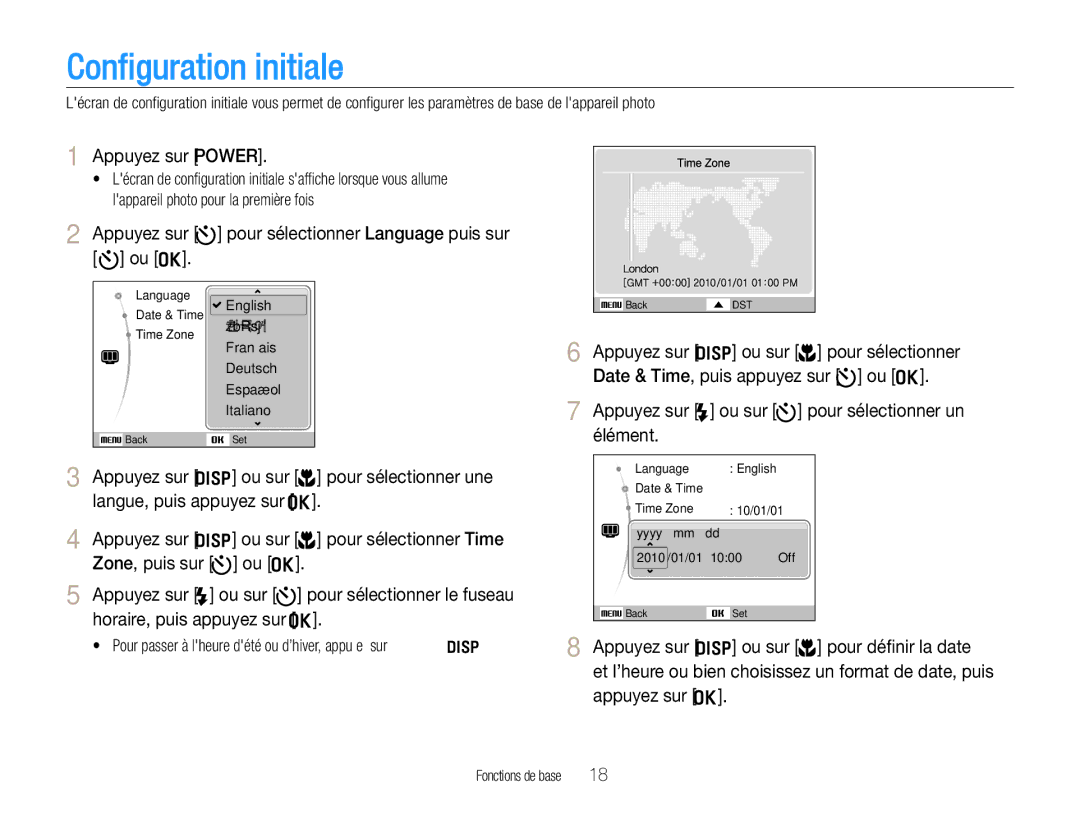 Samsung EC-WB660ZBDBE1 Configuration initiale, Appuyez sur Power, Appuyez sur t pour sélectionner Language puis sur Ou o 