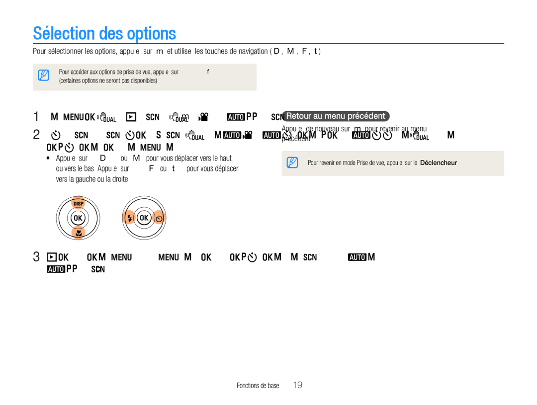 Samsung EC-WB650ZBPBE1, EC-WB660ZBDBE1 manual Sélection des options, Retour au menu précédent 