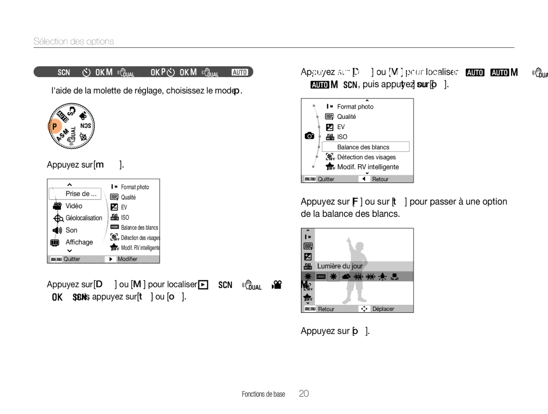 Samsung EC-WB660ZBDBE1 Sélection des options, Appuyez sur o, Ex. sélection de loption de balance des blancs en mode P 