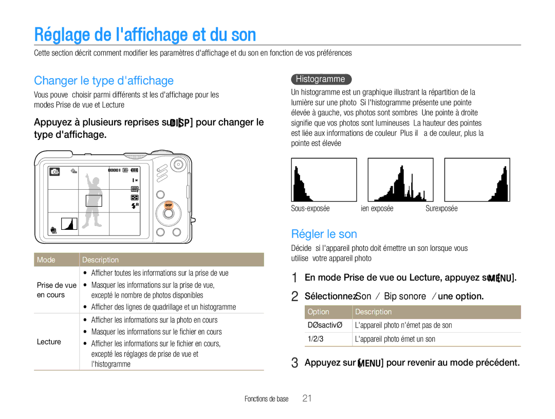 Samsung EC-WB650ZBPBE1 manual Réglage de laffichage et du son, Changer le type dafﬁchage, Régler le son, Histogramme 