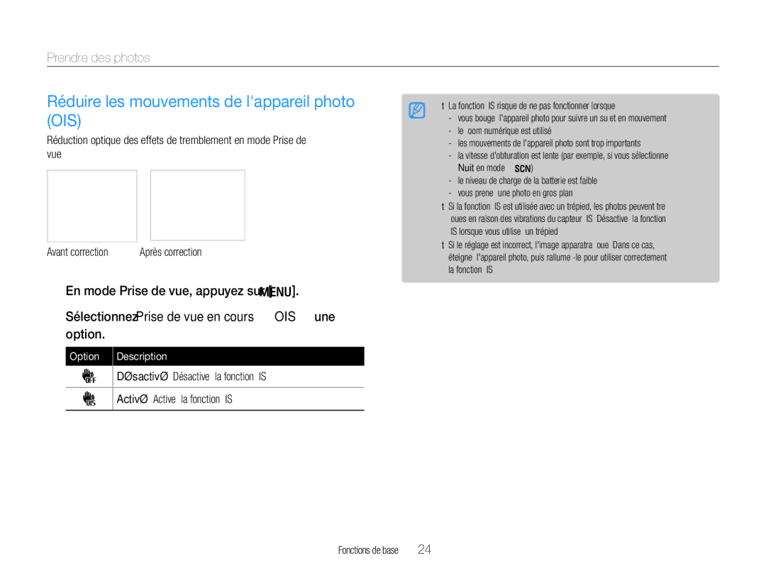 Samsung EC-WB660ZBDBE1, EC-WB650ZBPBE1 manual Réduire les mouvements de lappareil photo OIS, Option Description 