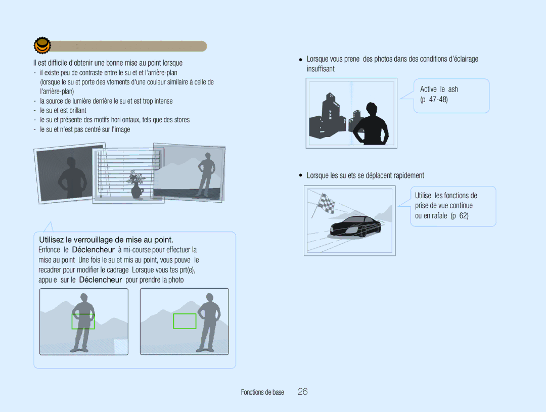 Samsung EC-WB660ZBDBE1 Des photos, Vériﬁez la bonne mise au point du sujet,  Lorsque les sujets se déplacent rapidement 