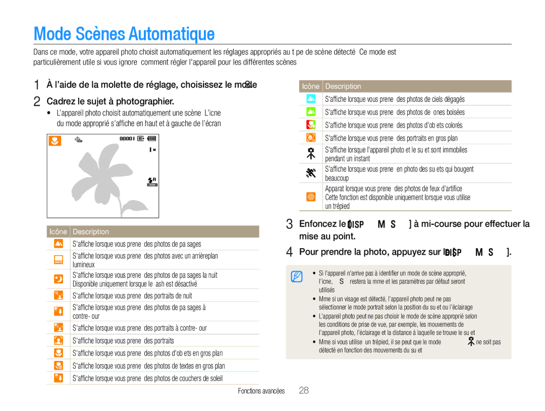 Samsung EC-WB660ZBDBE1, EC-WB650ZBPBE1 manual Mode Scènes Automatique, Fonctions avancées 