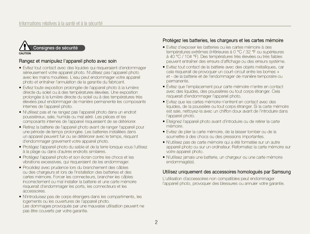 Samsung EC-WB660ZBDBE1, EC-WB650ZBPBE1 manual Informations relatives à la santé et à la sécurité, Consignes de sécurité 