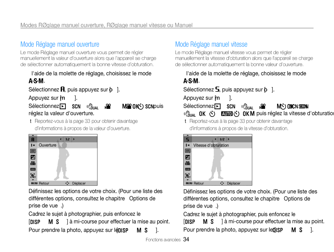 Samsung EC-WB660ZBDBE1, EC-WB650ZBPBE1 manual Mode Réglage manuel ouverture, Mode Réglage manuel vitesse 