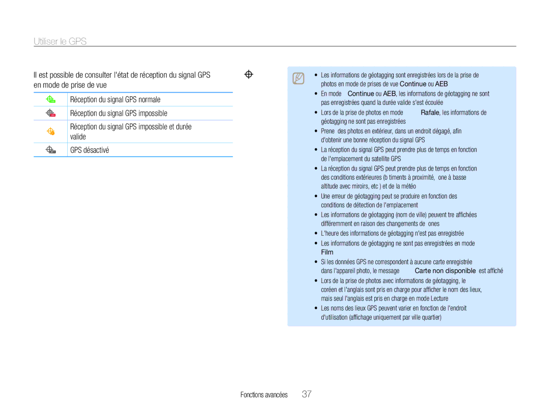 Samsung EC-WB650ZBPBE1, EC-WB660ZBDBE1 manual Utiliser le GPS 