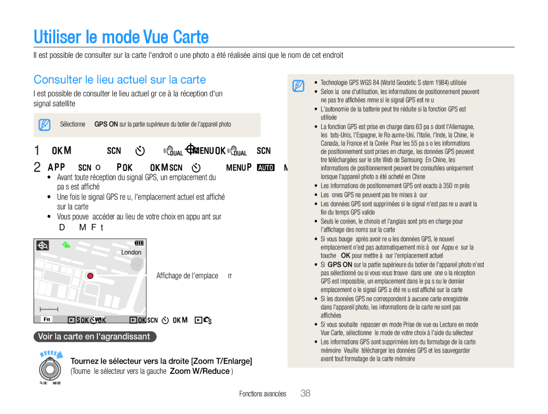 Samsung EC-WB660ZBDBE1 Utiliser le mode Vue Carte, Consulter le lieu actuel sur la carte, Voir la carte en lagrandissant 