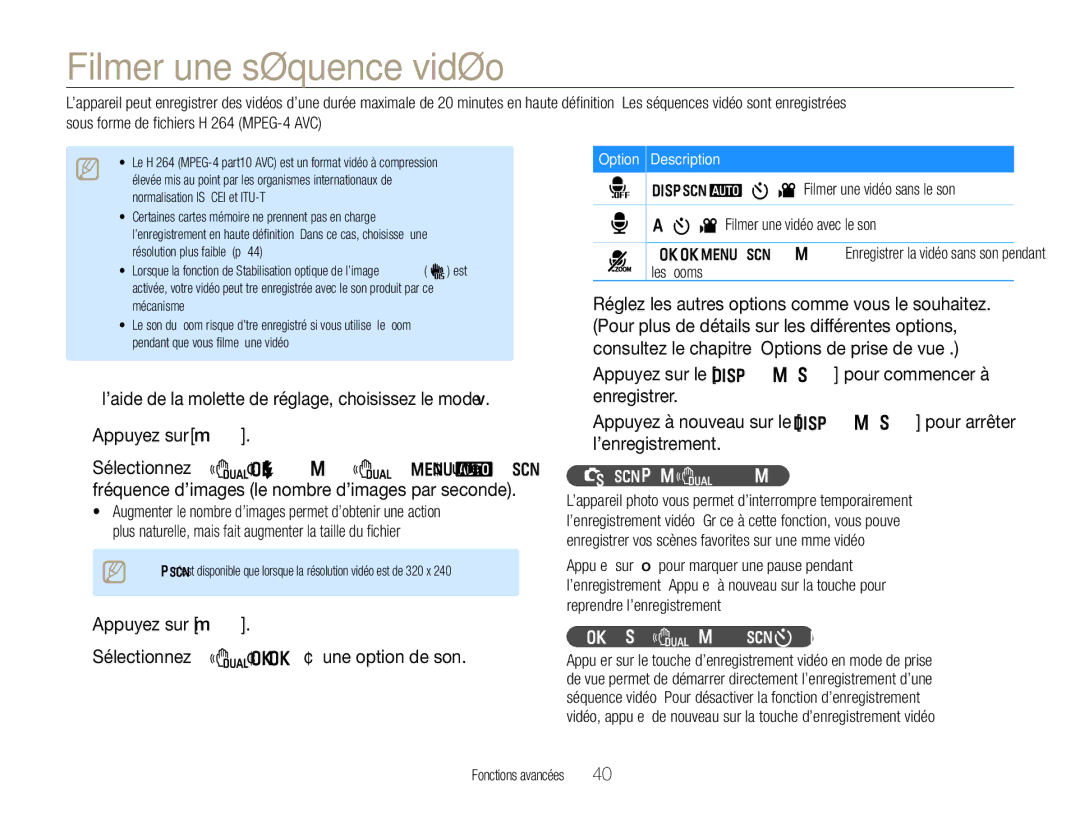 Samsung EC-WB660ZBDBE1 manual Filmer une séquence vidéo, Appuyez sur m Sélectionnez Vidéo ¢ Voix ¢une option de son 