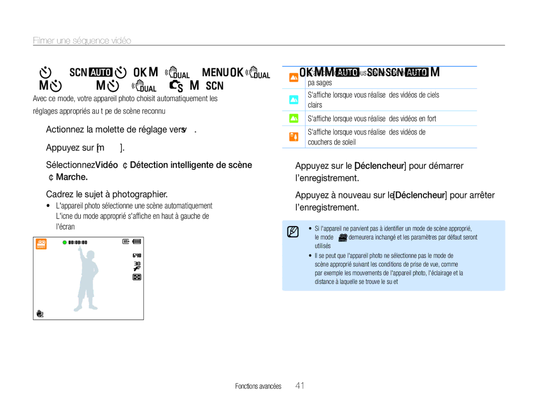 Samsung EC-WB650ZBPBE1 manual Utilisation du mode Reconnaissance Intelligente de Scènes, Filmer une séquence vidéo 