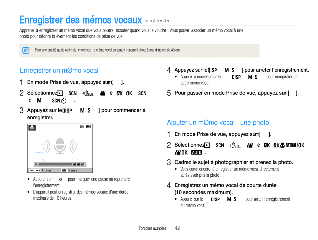 Samsung EC-WB660ZBDBE1, EC-WB650ZBPBE1 manual Enregistrer des mémos vocaux a p a h n d s, Enregistrer un mémo vocal 