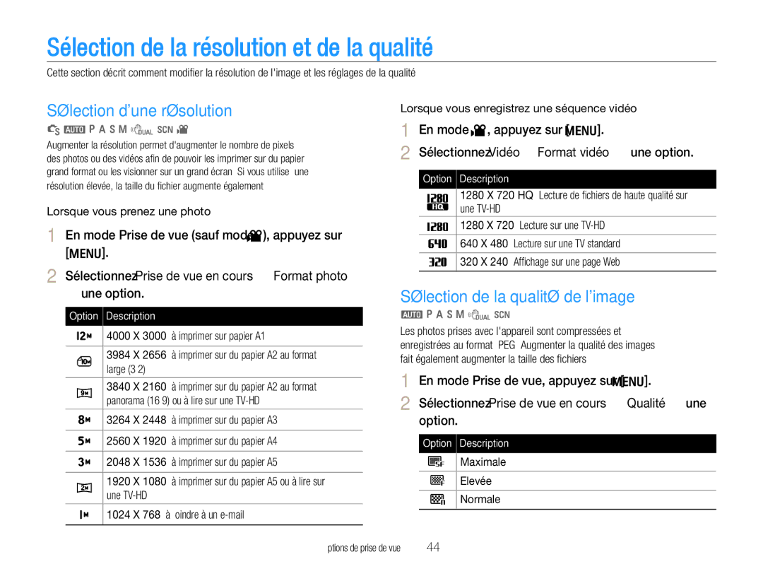 Samsung EC-WB660ZBDBE1, EC-WB650ZBPBE1 manual Sélection de la résolution et de la qualité, Sélection dune résolution 