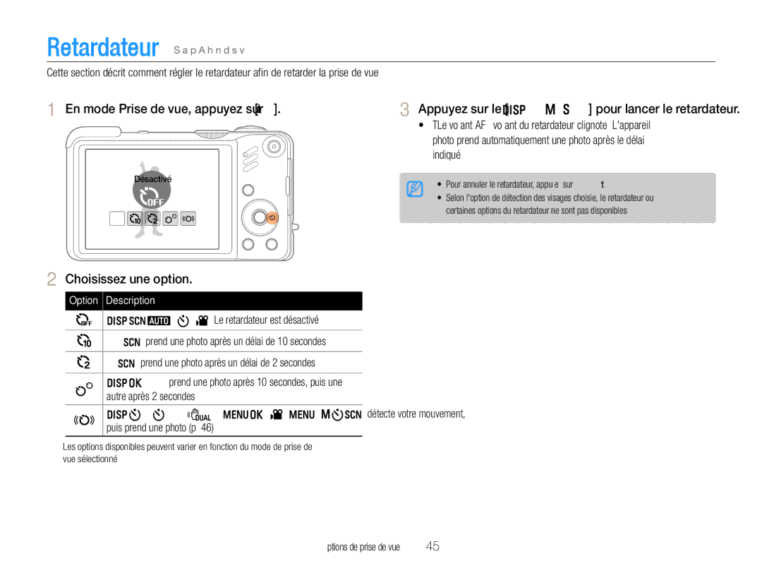 Samsung EC-WB650ZBPBE1 manual En mode Prise de vue, appuyez sur t, Appuyez sur le Déclencheur pour lancer le retardateur 