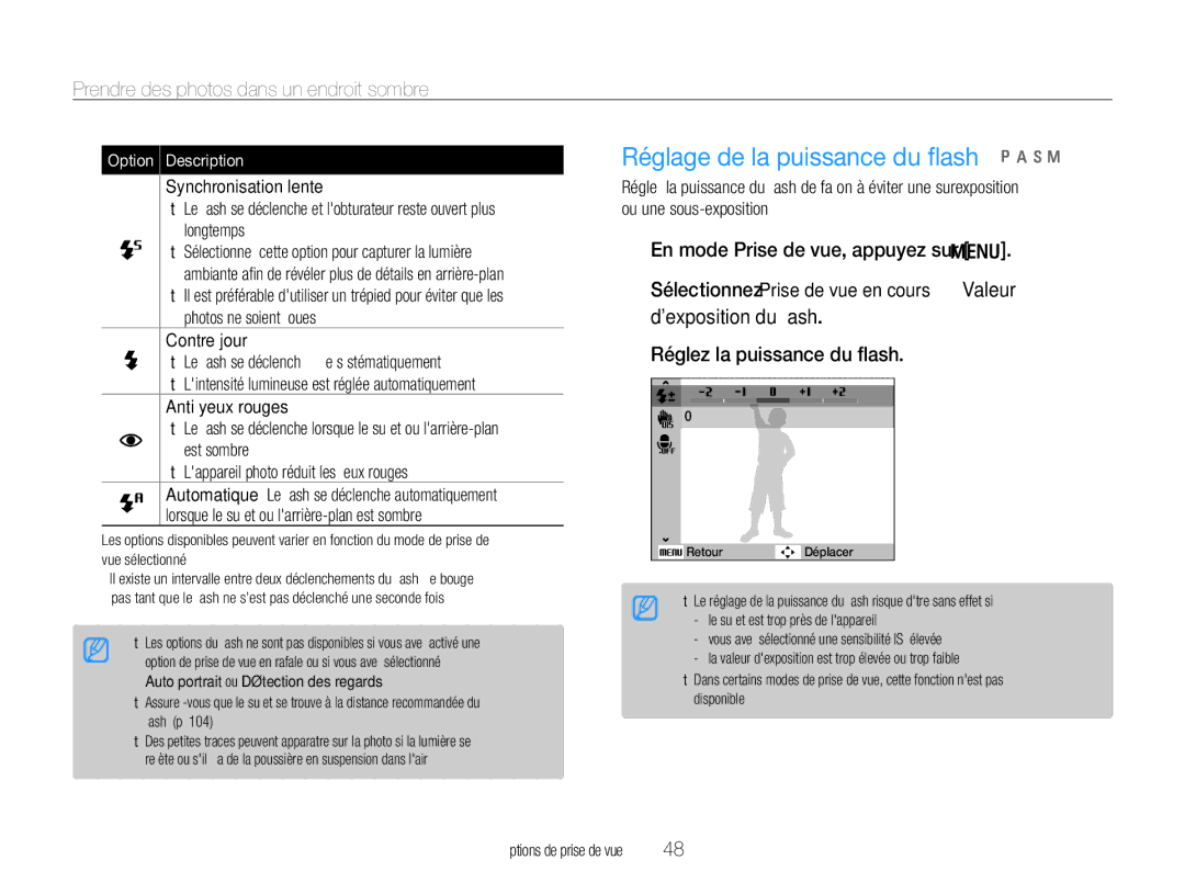 Samsung EC-WB660ZBDBE1, EC-WB650ZBPBE1 Réglage de la puissance du ﬂash p a h n, Prendre des photos dans un endroit sombre 