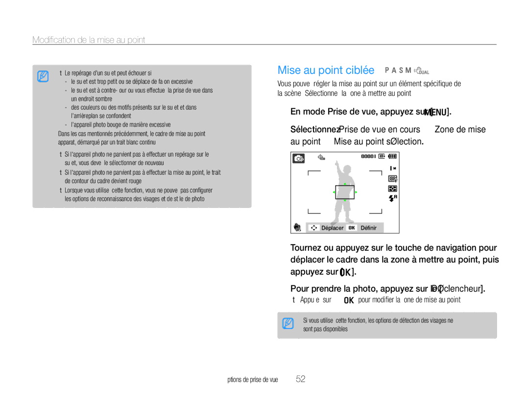 Samsung EC-WB660ZBDBE1, EC-WB650ZBPBE1 manual Mise au point ciblée p a h n d 