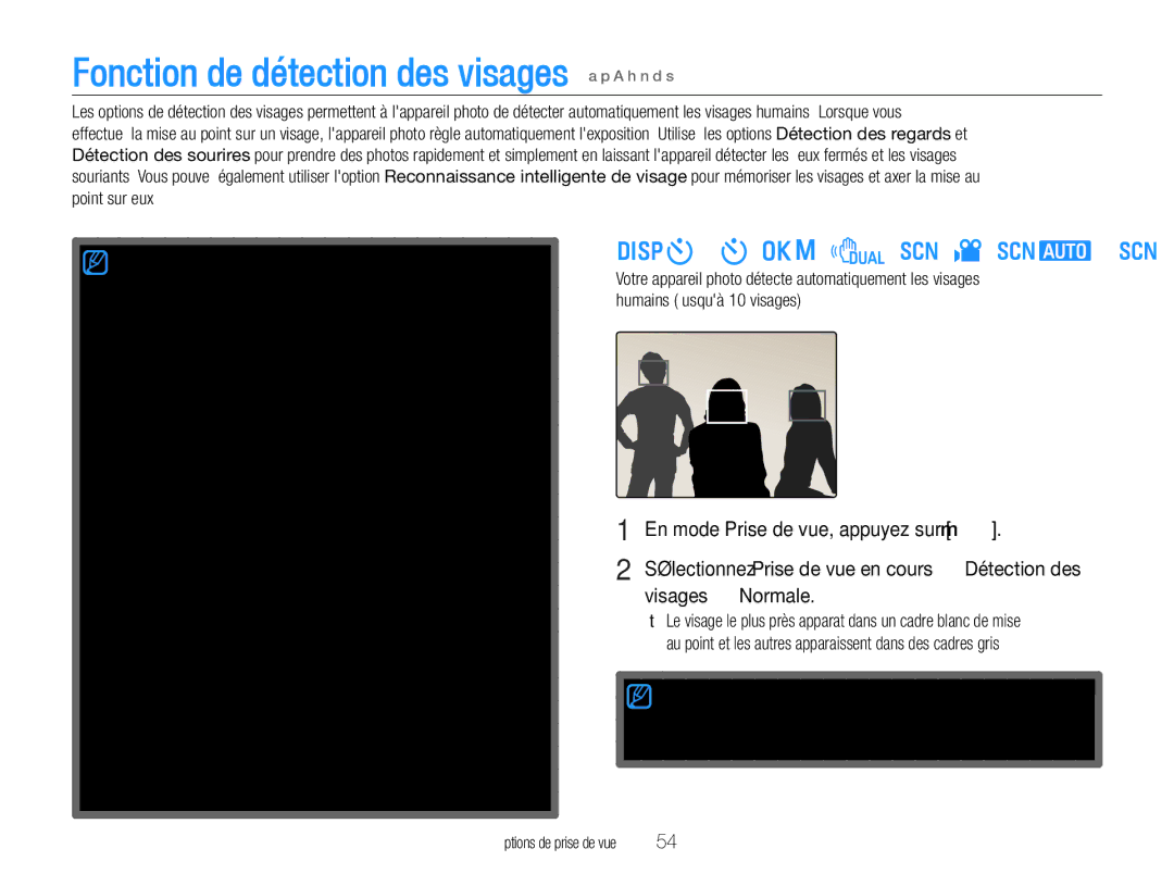 Samsung EC-WB660ZBDBE1, EC-WB650ZBPBE1 manual Fonction de détection des visages a p a h n d s, Détection des visages 