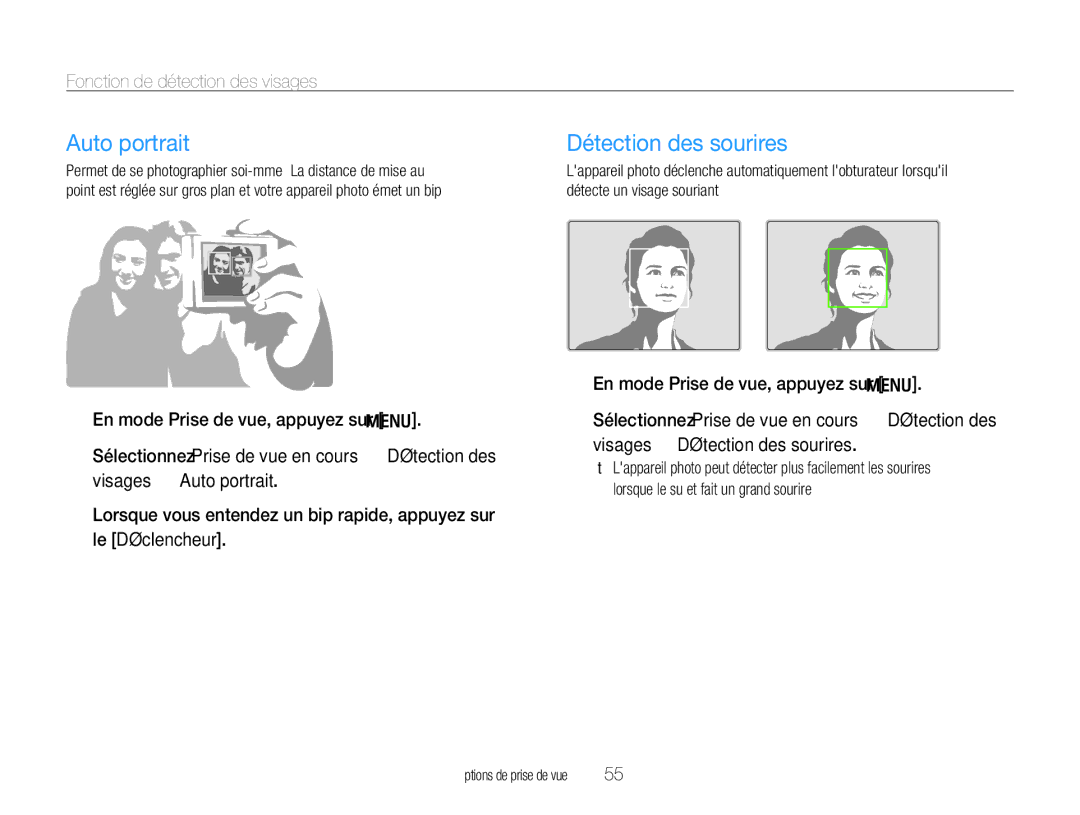 Samsung EC-WB650ZBPBE1, EC-WB660ZBDBE1 manual Auto portrait, Détection des sourires, Fonction de détection des visages 