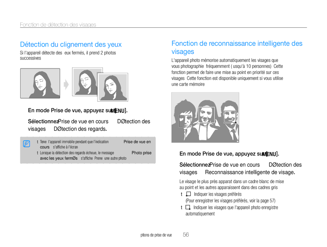 Samsung EC-WB660ZBDBE1 manual Détection du clignement des yeux, Fonction de reconnaissance intelligente des visages 