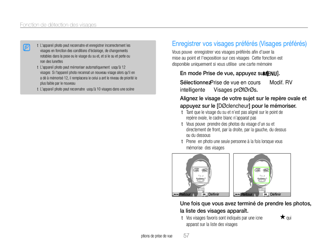 Samsung EC-WB650ZBPBE1, EC-WB660ZBDBE1 manual Enregistrer vos visages préférés Visages préférés 