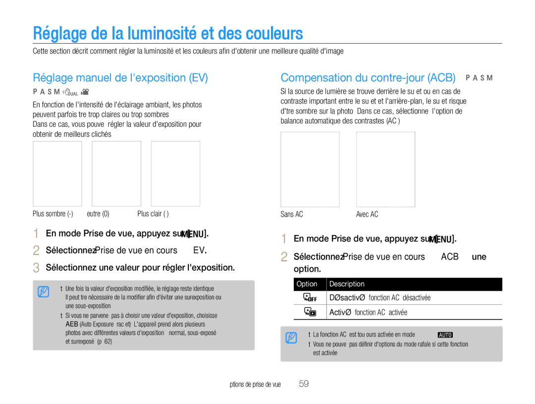 Samsung EC-WB650ZBPBE1, EC-WB660ZBDBE1 manual Réglage de la luminosité et des couleurs, Réglage manuel de lexposition EV 