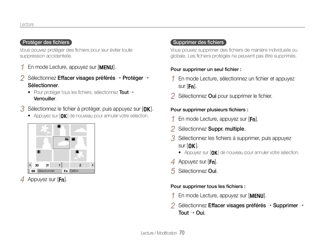 Samsung EC-WB660ZBDBE1 manual Sélectionnez le ﬁchier à protéger, puis appuyez sur o, Appuyez sur f, Protéger des ﬁchiers 