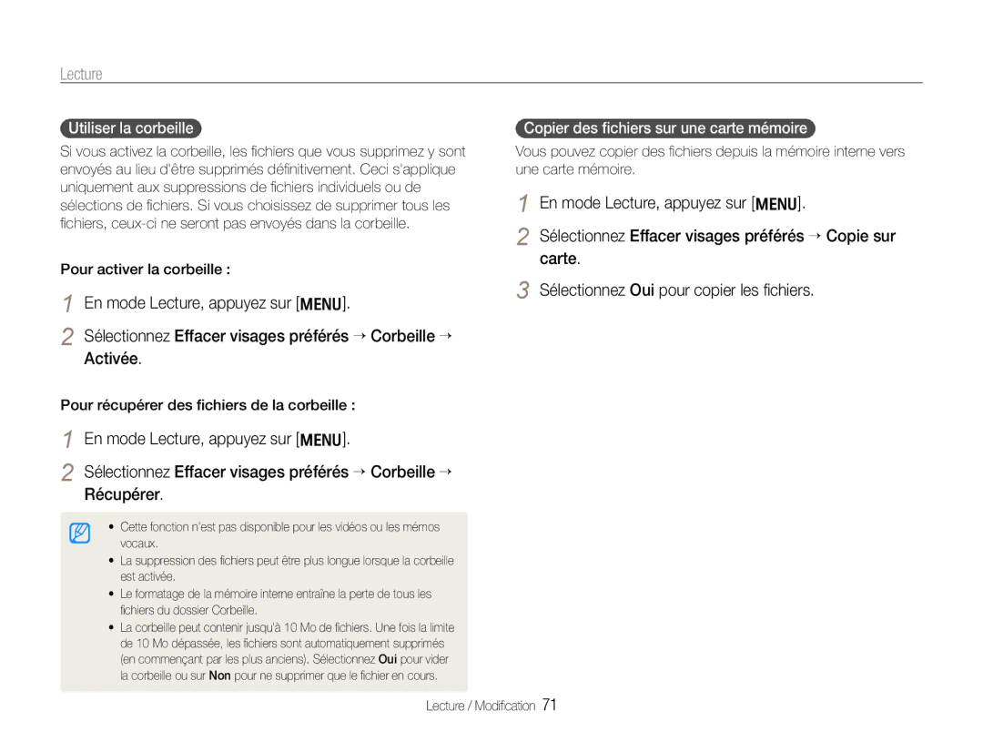 Samsung EC-WB650ZBPBE1 manual Utiliser la corbeille, Copier des ﬁchiers sur une carte mémoire, Pour activer la corbeille 