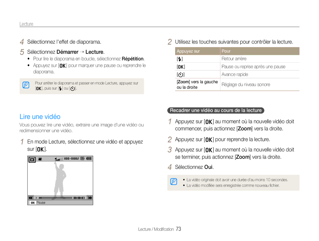 Samsung EC-WB650ZBPBE1 En mode Lecture, sélectionnez une vidéo et appuyez sur o, Appuyez sur o pour reprendre la lecture 