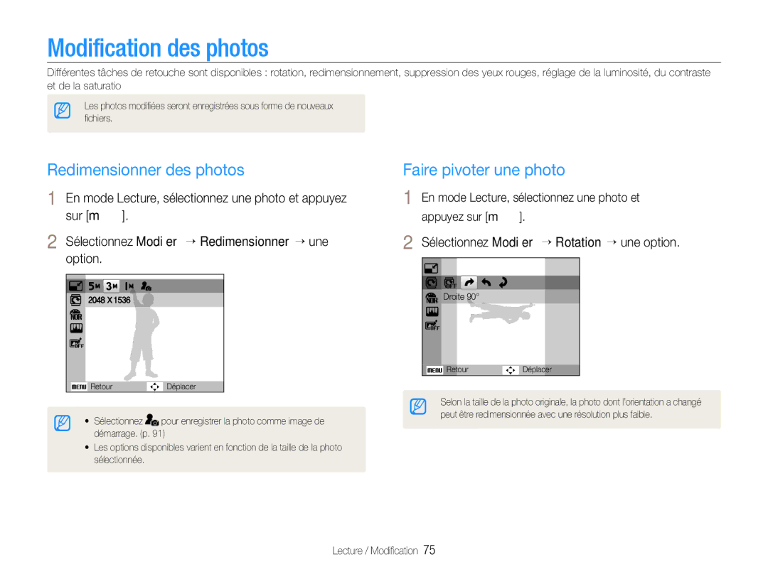 Samsung EC-WB650ZBPBE1, EC-WB660ZBDBE1 manual Modification des photos, Redimensionner des photos, Faire pivoter une photo 