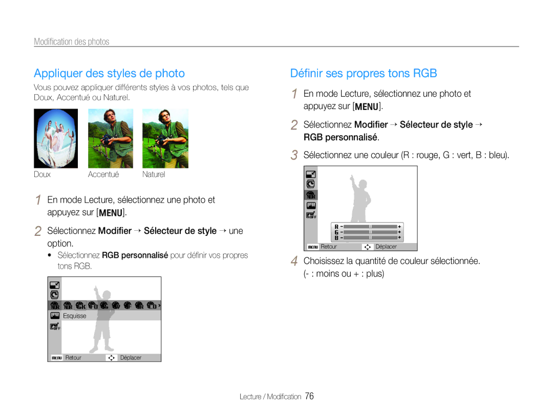 Samsung EC-WB660ZBDBE1, EC-WB650ZBPBE1 Appliquer des styles de photo, Déﬁnir ses propres tons RGB, Modiﬁcation des photos 