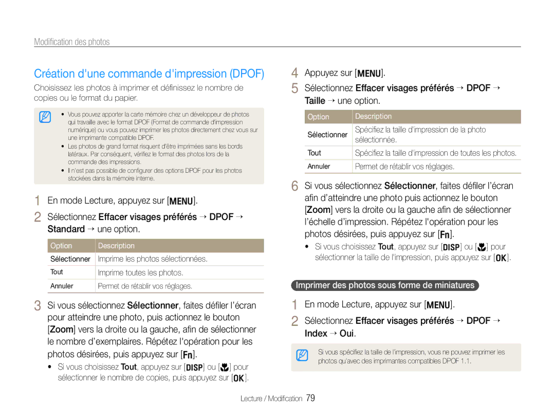 Samsung EC-WB650ZBPBE1 manual Création dune commande dimpression Dpof, Imprimer des photos sous forme de miniatures 