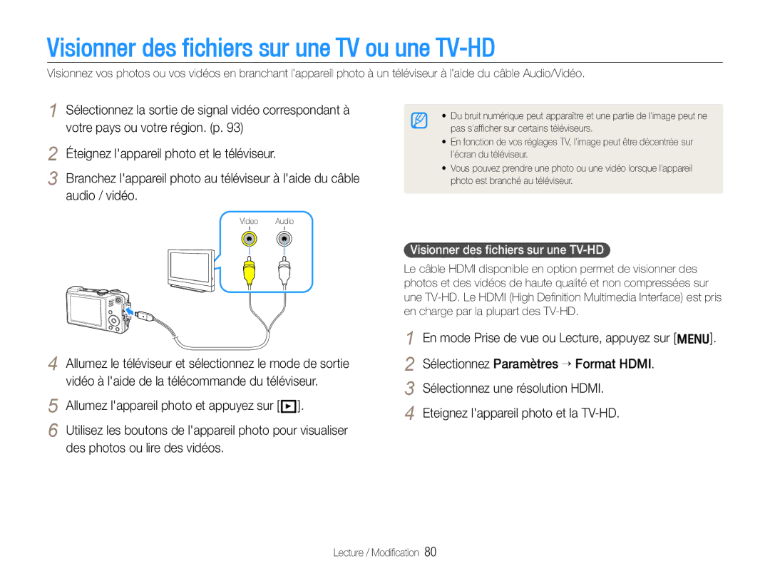 Samsung EC-WB660ZBDBE1, EC-WB650ZBPBE1 Visionner des fichiers sur une TV ou une TV-HD, Visionner des ﬁchiers sur une TV-HD 