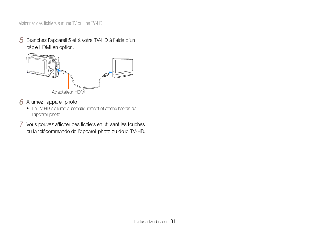 Samsung EC-WB650ZBPBE1 manual Visionner des ﬁchiers sur une TV ou une TV-HD, Allumez l’appareil photo, Adaptateur Hdmi 