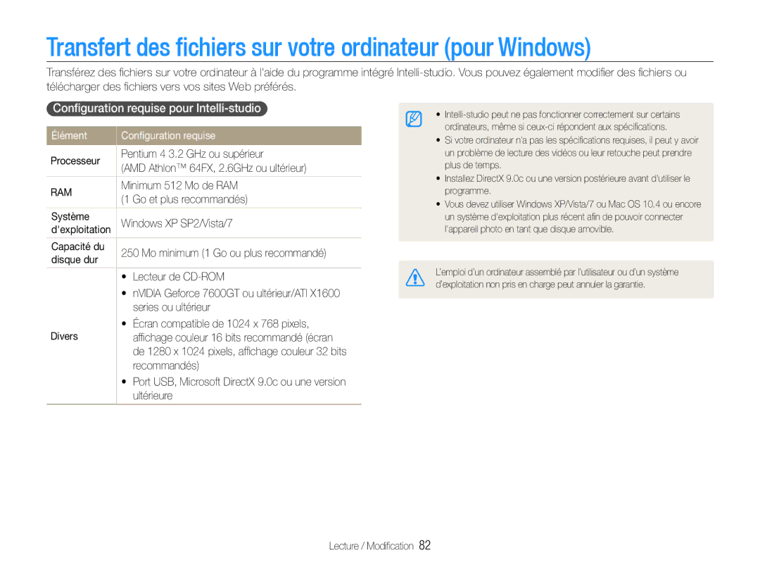 Samsung EC-WB660ZBDBE1 Transfert des fichiers sur votre ordinateur pour Windows, Conﬁguration requise pour Intelli-studio 