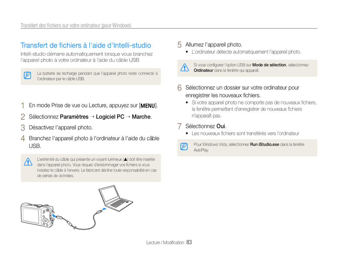 Samsung EC-WB650ZBPBE1, EC-WB660ZBDBE1 manual Transfert de ﬁchiers à laide dIntelli-studio, Allumez lappareil photo 